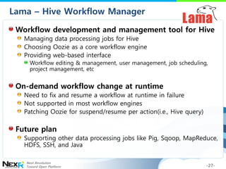 Lama – Hive Workflow Manager

 Workflow development and management tool for Hive
   Managing data processing jobs for Hive...