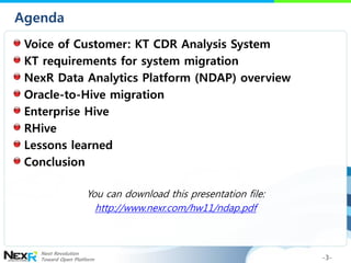 Agenda
 Voice of Customer: KT CDR Analysis System
 KT requirements for system migration
 NexR Data Analytics Platform (NDA...