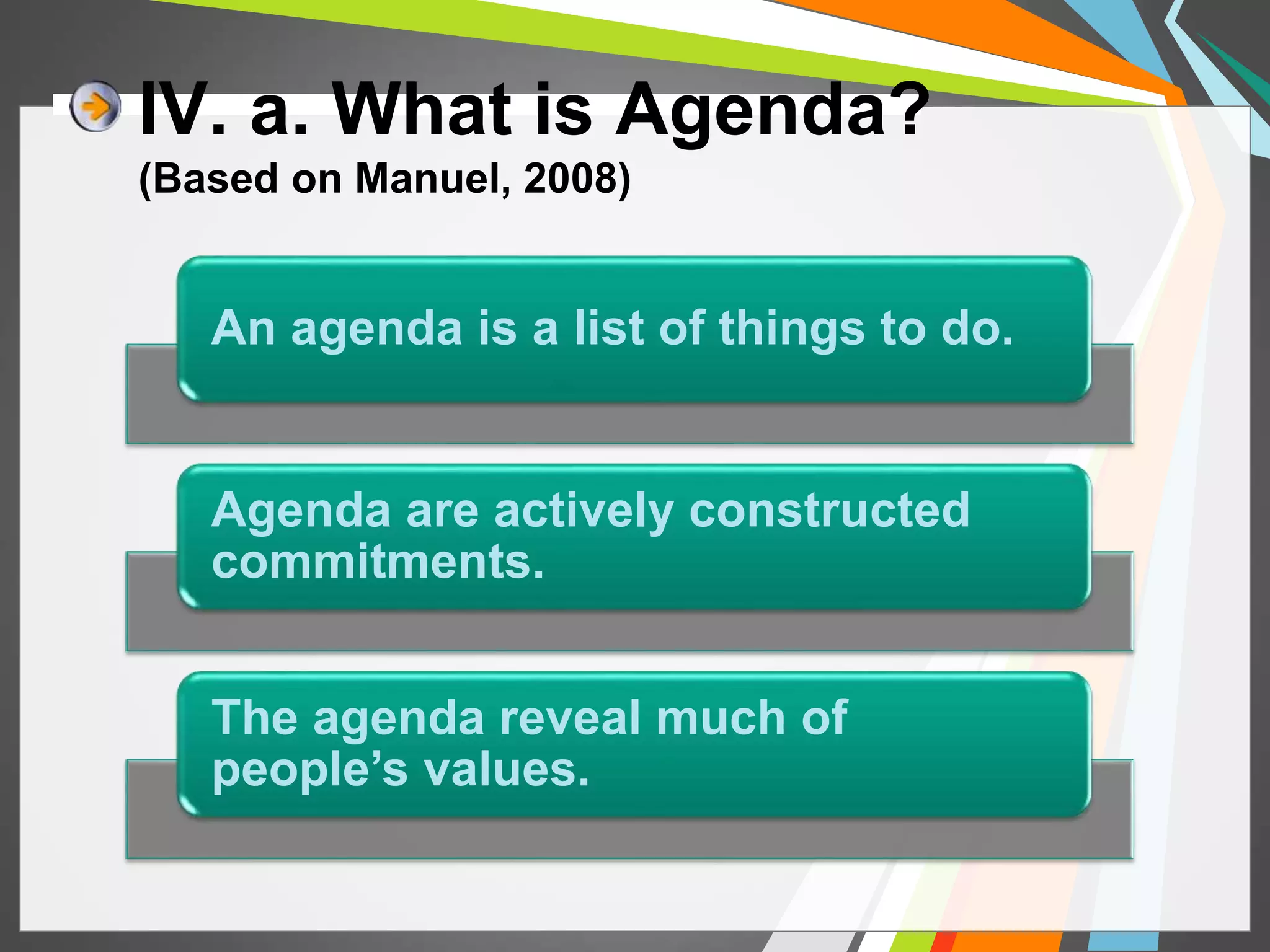 IV. a. What is Agenda? 
(Based on Manuel, 2008) 
An agenda is a list of things to do. 
Agenda are actively constructed 
commitments. 
The agenda reveal much of 
people’s values. 
 