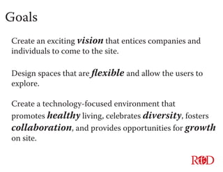 Goals
Create an exciting vision that entices companies and
individuals to come to the site.
Design spaces that are flexible and allow the users to
explore.
Create a technology-focused environment that
promotes healthy living, celebrates diversity, fosters
collaboration, and provides opportunities for growth
on site.
R D&
AN INNOVATIVE COMMUNITY
 