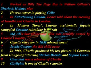 1 Worked as Billy The Page Boy in William Gillette’s
Sherlock Holmes play
2 He was expert in playing Cello
3 In Entertaining Gandhi, Lester told about the meeting
of Gandhi and Charlie in London.
4 In ‘Modern Times’, Charlie accidentally ingests
smuggled Cocaine mistaking it for salt
5 Md Ali’s last residential villa was actually owned by
Charlie Chaplin
6 Charlie was seen in IBM advertisement
7 Jackie Coogan the Kid child actor
8 In 1966, Charlie produced his last picture ‘A Countess
from Hongkong’ starring Marlon Brendo and Sophia Loren
9 Churchill was a admirer of Charlie
10 Citylights is one of Charlie’s movies
 