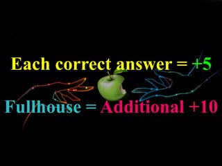 Each correct answer = +5
Fullhouse = Additional +10
 
