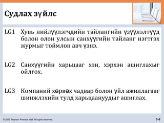 © 2012 Pearson Prentice Hall. All rights reserved. 3-2
Судлах з йлсү
LG1 Хувь нийл лэгчдийн тайлангийн з лэлт дүү ү үү үү
болон олон улсын санх гийн тайланг нэгтгэхүү
журмыг тоймлон авч знэ.ү
LG2 Санх гийн харьцааг хэн, хэрхэн ашиглахыгүү
ойлгох.
LG3 Компаний х рв х чадвар болон йл ажиллагаагө ө ү
шинжлэхийн тулд харьцаануудыг ашиглах.
 