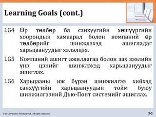 © 2012 Pearson Prentice Hall. All rights reserved. 3-3
Learning Goals (cont.)
LG4 р т лб р ба санх гийн х ш ргийнӨ ө ө үү ө үү
хоорондын хамаарал болон компаний рө
т лб рийг шинжлэхэд ашигладагө ө
харьцаануудыг хэлэлцэх.
LG5 Компаний ашигт ажиллагаа болон зах зээлийн
нэ цэнийг шинжлэхэд харьцаануудыгү
ашиглах.
LG6 Харьцааны иж б рэн шинжилгээ хийхэдү
санх гийн харьцаануудын тойм буюуүү
шинжилгээний Дью-Понт системийг ашиглах.
 