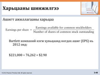 © 2012 Pearson Prentice Hall. All rights reserved. 3-49
Харьцааны шинжилгээ
Ашигт ажиллагааны харьцаа
Bartlett компаний нэгж хувьцаанд ногдох ашиг (EPS) нь
2012 онд:
$221,000 ÷ 76,262 = $2.90
 