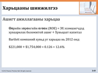 © 2012 Pearson Prentice Hall. All rights reserved. 3-51
Харьцааны шинжилгээ
Ашигт ажиллагааны харьцаа
рийн х р нгийн г ж (ROE) = ЭХ эзэмшигчдэдӨө ө ө ө өө
хуваарилах боломжтой ашиг ÷ Хувьцаат капитал
Bartlett компаний хувьд уг харьцаа нь 2012 онд:
$221,000 ÷ $1,754,000 = 0.126 = 12.6%
 