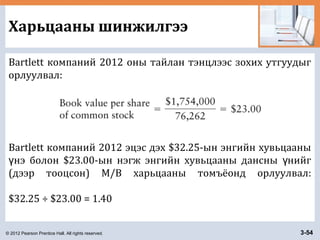 © 2012 Pearson Prentice Hall. All rights reserved. 3-54
Харьцааны шинжилгээ
Bartlett компаний 2012 оны тайлан тэнцлээс зохих утгуудыг
орлуулвал:
Bartlett компаний 2012 эцэс дэх $32.25-ын энгийн хувьцааны
нэ болон $23.00-ын нэгж энгийн хувьцааны дансны нийгү ү
(дээр тооцсон) M/B харьцааны томъёонд орлуулвал:
$32.25 ÷ $23.00 = 1.40
 