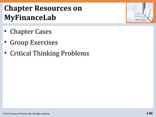 © 2012 Pearson Prentice Hall. All rights reserved. 3-68
Chapter Resources on
MyFinanceLab
• Chapter Cases
• Group Exercises
• Critical Thinking Problems
 
