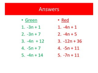 Answers
• Green
1. -3n + 1
2. -3n + 7
3. -4n + 12
4. -5n + 7
5. -4n + 14

• Red
1. -4n + 1
2. -4n + 5
3. -12n + 36
4. -5n + 11
5. -7n + 11

 