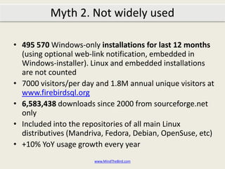495 570 Windows installations for last 12 months (logged using optional web-link notification, embedded in Windows-installer). Linux and embedded installations are not counted7000 visitors/per day and 1.8M annual unique visitors at www.firebirdsql.org6,583,438 downloads since 2000 from sourceforge.net onlyIncluded into the repositories of all main Linux distributives (Mandriva, Fedora, Debian, OpenSuse, etc)+10% YoY usage growth every yearwww.MindTheBird.comMyth 2: Not widely used