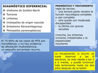 DIAGNÓSTICO DIFERENCIAL
 síndrome de Guillain-Barré
 Tumores
 Linfomas
 mielopatías de origen vascular
 Embolismo fibrocartilaginoso
 Mielopatías paraneoplásicas
El 75-90% de los casos de MTA son
monofásicos, y no hay evidencia
de afectación multisistémica.
un pequeño porcentaje recurre,
PRONÓSTICO Y TRATAMIENTO
regla de tercios:
• una tercera parte recobra la
función neurológica completa
o casi completa
• otra queda con moderada
discapacidad
• la última con graves
secuelas
(marcha, los síntomas
urinarios /intestinales y la
espasticidad
resultante
La recuperación, si ocurre, se
suele observar a las 8
semanas, es más rápida a los 3
a 6 meses, y puede continuar
más lentamente hasta los dos
años después de la lesión
 