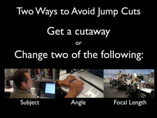 Two Ways to Avoid Jump Cuts 
Get a cutaway 
or 
Change two of the following: 
Subject Angle Focal Length 
 
