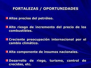 FORTALEZAS / OPORTUNIDADES Altos precios del petróleo.  Alto riesgo de incremento del precio de los combustibles.  Creciente preocupación internacional por el cambio climático.   Alta componente de insumos nacionales.  Desarrollo de riego, turismo, control de crecidas, etc. 