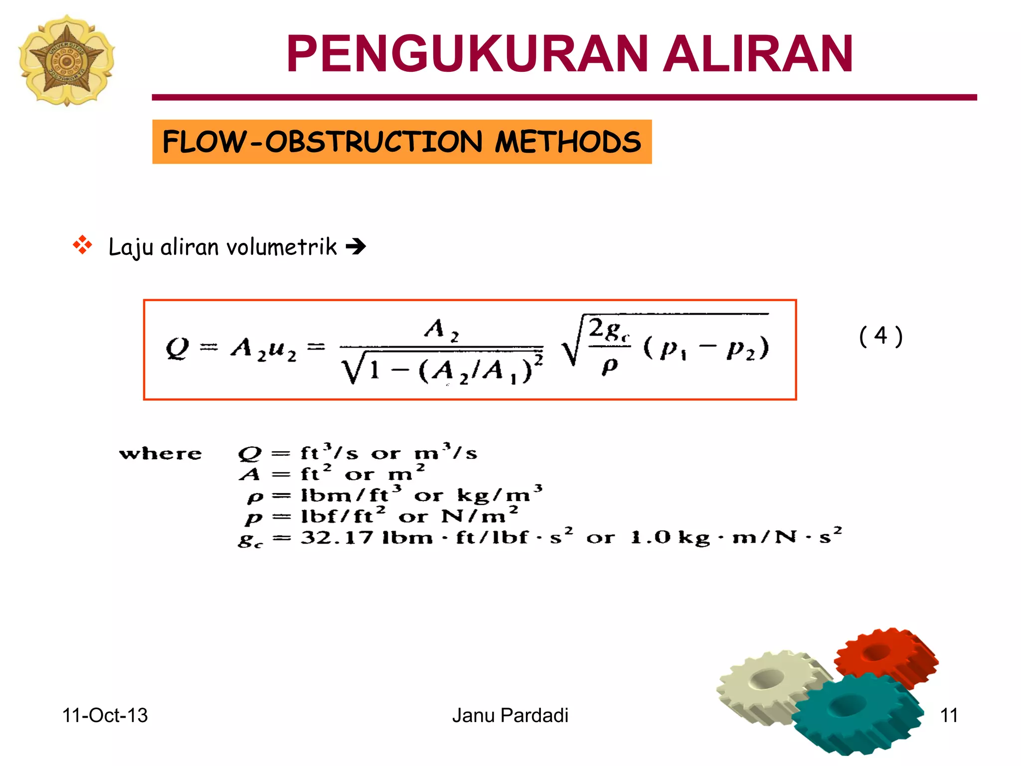 11-Oct-13 Janu Pardadi 11
FLOW-OBSTRUCTION METHODS
 Laju aliran volumetrik 
( 4 )
PENGUKURAN ALIRAN
 