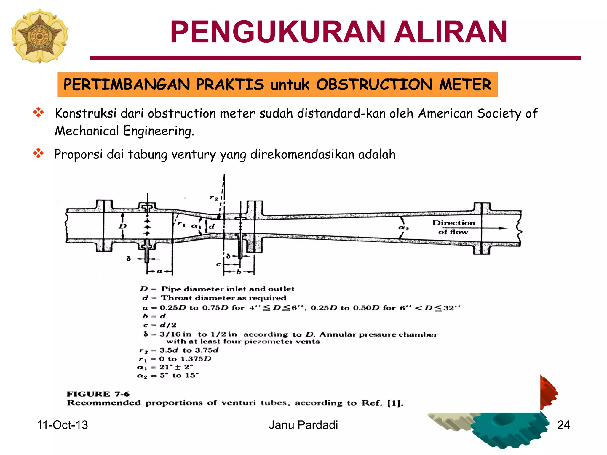11-Oct-13 Janu Pardadi 24
PERTIMBANGAN PRAKTIS untuk OBSTRUCTION METER
 Konstruksi dari obstruction meter sudah distandard-kan oleh American Society of
Mechanical Engineering.
 Proporsi dai tabung ventury yang direkomendasikan adalah
PENGUKURAN ALIRAN
 