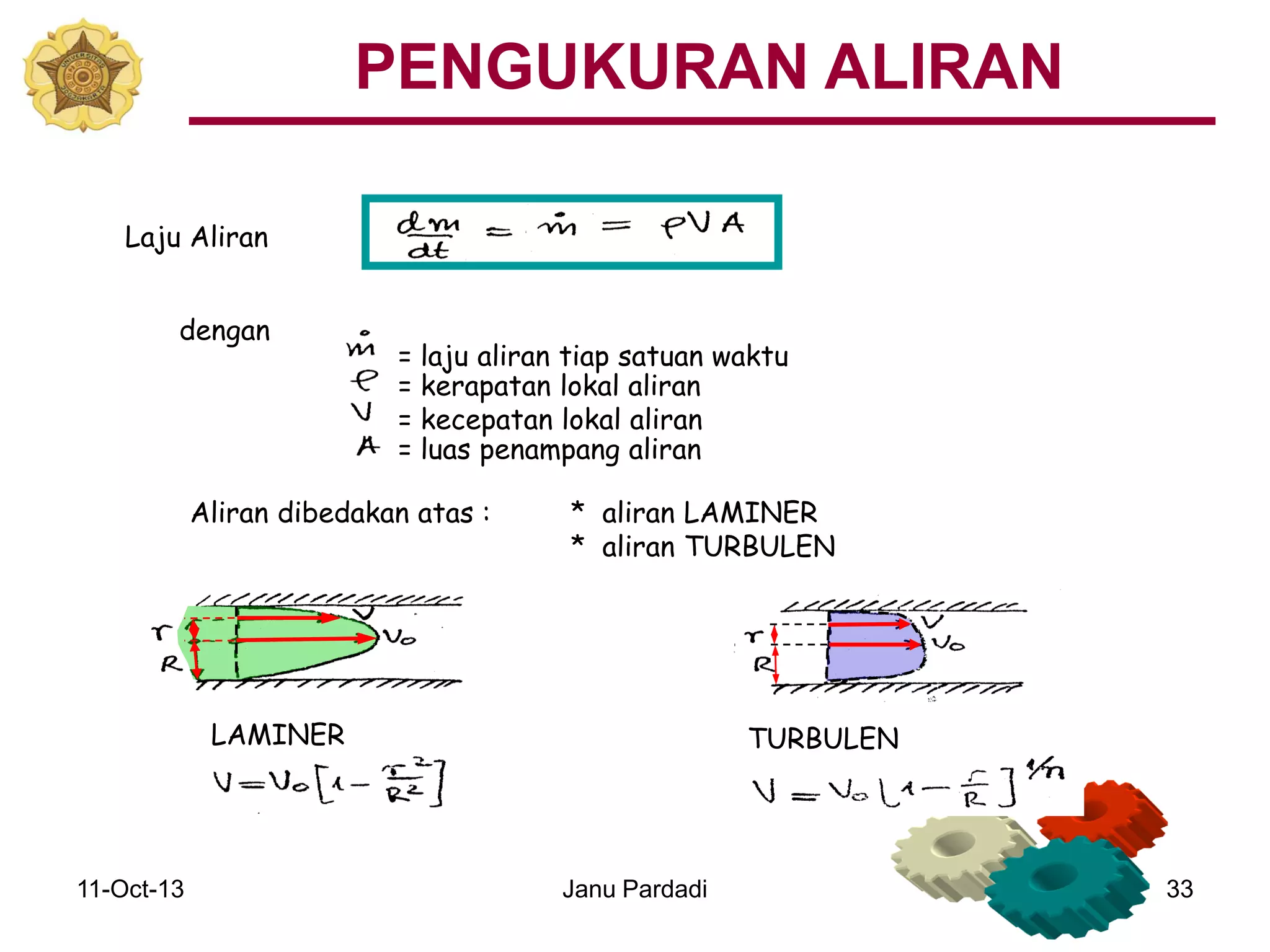 11-Oct-13 Janu Pardadi 33
Laju Aliran
dengan
= laju aliran tiap satuan waktu
= kerapatan lokal aliran
= kecepatan lokal aliran
= luas penampang aliran
Aliran dibedakan atas : * aliran LAMINER
* aliran TURBULEN
LAMINER TURBULEN
PENGUKURAN ALIRAN
 