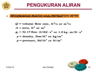 11-Oct-13 Janu Pardadi 23
PERTIMBANGAN PRAKTIS untuk OBSTRUCTION METER Unit yang terkait pada persamaan (17) sampai (20) adalah
PENGUKURAN ALIRAN
 