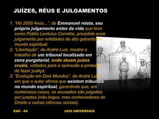 EAE - 84 LEIS UNIVERSAIS
JUÍZES, RÉUS E JULGAMENTOS
1. “Há 2000 Anos...”, de Emmanuel relata, seu
próprio julgamento antes da vida que teve
como Públio Lentulus Cornélio, presidido esse
julgamento por entidades de alto gabarito do
mundo espiritual;
2. “Libertação”, de André Luiz, mostra o
trabalho de um tribunal localizado em
zona purgatorial, onde atuam juízes
cruéis, voltados para a opressão a pretexto
de fazer justiça;
3. “Evolução em Dois Mundos”, de André Luiz,
em que o autor afirma que existem tribunais
no mundo espiritual, garantindo que, em
numerosos casos, os acusados são julgados
por jurados (não leigos, mas conhecedores do
Direito e outras ciências sociais).
 