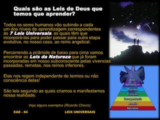 EAE - 84 LEIS UNIVERSAIS
Quais são as Leis de Deus que
temos que aprender?
Todos os seres humanos vão subindo a cada
um dos níveis de aprendizagem correspondentes
às 7 Leis Universais, as quais têm que
incorporá-las para poder passar para outra etapa
evolutiva, no nosso caso, ao reino angelical.
Percorrendo a pirâmide de baixo para cima vamos
encontrar as Leis da Natureza que já foram
incorporadas em nosso subconsciente pelas vivencias
passadas, remotas, nos reinos inferiores.
Elas nos regem independente de termos ou não
consciência delas!
São leis segundo as quais criamos e manifestamos
nossa realidade.
Veja alguns exemplos (Ricardo Chioro):
 