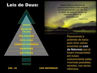EAE - 84 LEIS UNIVERSAIS
Leis de Deus:
Percorrendo a
pirâmide de baixo
para cima vamos
encontrar as Leis
da Natureza que já
foram incorporadas
em nosso
subconsciente pelas
vivencias passadas,
remotas, nos reinos
inferiores.
Quem trilha o caminho do
autoconhecimento está sempre
se transformando e já não fica
no tédio de sempre repetir as
mesmas (falhas e)
experiências!
Ricardo Chioro
AMOR
MANIFES
TAÇÃO
POLARIDADE
EVOLUÇÃO
CORRESPONDÊNCIA
HARMONIA
NATUREZA
 