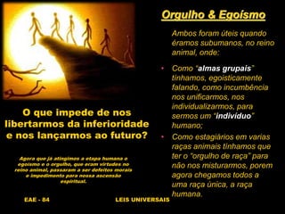 EAE - 84 LEIS UNIVERSAIS
O que impede de nos
libertarmos da inferioridade
e nos lançarmos ao futuro?
Agora que já atingimos a etapa humana o
egoísmo e o orgulho, que eram virtudes no
reino animal, passaram a ser defeitos morais
e impedimento para nossa ascensão
espiritual.
Orgulho & Egoísmo
Ambos foram úteis quando
éramos subumanos, no reino
animal, onde:
• Como “almas grupais”
tínhamos, egoisticamente
falando, como incumbência
nos unificarmos, nos
individualizarmos, para
sermos um “indivíduo”
humano;
• Como estagiários em varias
raças animais tínhamos que
ter o “orgulho de raça” para
não nos misturarmos, porem
agora chegamos todos a
uma raça única, a raça
humana.
 