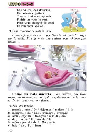 100
LEÇONS 4–5–6
Des sauces, des desserts,
De délicieux goûters.
Tous ce qui vous apporte
Plaisir on vous le sert,
Pour vous changer de l’eau
Et renforcer vos os.
9.	Écris comment tu mets la table.
D’abord je prends une nappe blanche. Je mets la nappe
sur la table. Puis je mets une assiette pour chaque per-
sonne. …
Utilise les mots suivants : une cuillère, une four-
chette, un couteau, un verre, du sel, du poivre, de la mou-
tarde, un vase avec des fleurs…
10.	Fais des phrases.
1.	 prends / mon / Je / déjeuner / maison / à la
2.	 mangent / du / Les / fromage / Français
3.	 Mon / déjeune / français / à midi / ami
4.	 de / mange / Il / viande / la
5.	 mère / prend / du / Ma / café
6.	 bois / de / Tu / l’eau
 