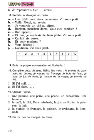 104
LEÇONS 7–8–9
6.	Je reprendrais bien … crème.
8.	Remets le dialogue en ordre.
a.	– Une table pour deux personnes, s’il vous plaît.
b.	– Voilà. Merci, au revoir.
c.	– Je voudrais un thé au citron.
d.	– Bonjour, monsieur-dame. Vous êtes combien ?
e.	– Bon appétit.
f.	 – Et moi, je voudrais de l’eau plate, s’il vous plaît.
g.	– Ça fait six euros.
h.	– Et pour madame ?
i.	 – Vous désirez ?
j.	 – L’addition, s’il vous plaît.
1 2 3 4 5 6 7 8 9 10
9.	Écris ta propre conversation et illustre-la !
10.	Complète deux phrases. Utilise les mots : je prends du pain
avec du beurre, je mange du fromage, je bois de l’eau, je
bois du jus de fruits, je mange de la soupe, je prends du
thé.
1.	Si j’ai soif, ... .
2.	Si j’ai faim, ... .
11.	Chasse l’intrus.
1.	 une pomme, une poire, une prune, un concombre, une
banane
2.	le café, le thé, l’eau minérale, le jus de fruits, le pois-
son, le lait
3.	la viande, le fromage, le poisson, le croissant, la limo-
nade
12.	Dis ce que tu manges au dîner.
 