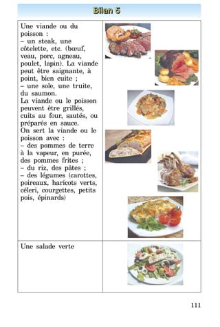 111
Bilan 5
Une viande ou du
poisson :
– un steak, une
côtelette, etc. (bœuf,
veau, porc, agneau,
poulet, lapin). La viande
peut être saignante, à
point, bien cuite ;
– une sole, une truite,
du saumon.
La viande ou le poisson
peuvent être grillés,
cuits au four, sautés, ou
préparés en sauce.
On sert la viande ou le
poisson avec :
– des pommes de terre
à la vapeur, en purée,
des pommes frites ;
– du riz, des pâtes ;
– des légumes (carottes,
poireaux, haricots verts,
céleri, courgettes, petits
pois, épinards)
Une salade verte
 
