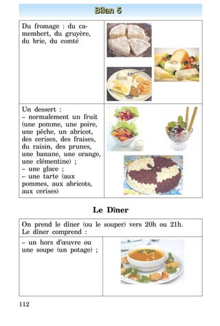 112
Bilan 5
Du fromage : du ca-
membert, du gruyère,
du brie, du comté
Un dessert :
– normalement un fruit
(une pomme, une poire,
une pêche, un abricot,
des cerises, des fraises,
du raisin, des prunes,
une banane, une orange,
une clémentine) ;
– une glace ;
– une tarte (aux
pommes, aux abricots,
aux cerises)
Le Dîner
On prend le dîner (ou le souper) vers 20h ou 21h.
Le dîner comprend :
– un hors d’œuvre ou
une soupe (un potage) ;
 