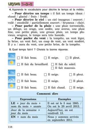 118
LEÇONS 1–2–3
4.	Apprends le vocabulaire pour décrire le temps et la météo.
– Pour décrire un temps : il fait un temps (doux /
chaud / glacial / frais / froid).
– Pour décrire le ciel : un ciel (nuageux / couvert /
voilé / ensoleillé / partiellement couvert / brumeux / clair).
– Pour parler de la pluie : une pluie torrentielle,
un déluge, un orage, une ondée, une averse, une pluie
fine, une petite pluie, une grosse pluie, un temps plu-
vieux, orageux, le temps sera très humide.
– Pour parler du vent : la tempête, un vent léger,
la brise, un vent fort, un coup de vent, un vent modéré,
Il y a / aura du vent, une petite brise, de la tempête.
5.	Quel temps fait-il ? Choisis la bonne réponse.
	 □ Il fait beau.	 □ Il neige.	 □ Il pleut.
	□ Il fait du brouillard.	 □ Il fait du soleil.
□ Il fait mauvais.
	 □ Il fait beau.	 □ Il neige.	 □ Il pleut.
	 □ Il fait beau.	 □ Il neige.	 □ Il pleut.
	 □ Il fait beau.	 □ Il fait chaud.	 □ Il neige.
Comment dire
Expressions Exemples
LE + jour du mois +
nom du mois + année
Il est né le 5 mai 1985. /
On est le 20 avril 2013.
Jour de la semaine +
jour du mois
Aujourd’hui, on est
vendredi 13.
EN + nom du mois Nous y sommes arrivés
en septembre 2011.
 