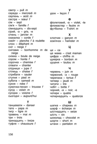 156
светр – pull m
середа – mercredi m
серпень – août m
сестра – sœur f
сім – sept
сім’я – famille f
сімнадцять – dix-sept
сірий, -а – gris, -e
січень – janvier m
скакалка – corde f
скейт – planche f à roulette
слон – éléphant m
сніг – neige f
сніговик – bonhomme m de
neige
сніжка – boule de neige
сором – honte f
сорочка – chemise f
співати – chanter
спідниця – jupe f
стілець – chaise f
стрибати – sauter
ступня – pied m
субота – samedi m
сукня – robe f
сумочка-пенал – trousse f
сусід – voisin m
сусідка – voisine f
сьогодні – aujourd’hui
Т
танцювати – danser
тато – papa m
тигр – tigre m
травень – mai m
три – trois
тринадцять – treize
туфля – chaussure f
У
урок – leçon f
Ф
фіолетовий, -а – violet, -te
фломастер – feutre m
футболка – T-shirt m
Х
хлопчик – garçon m
хом’ячок – hamster m
Ц
це – ce
це мама – c’est maman
цифра – chiffre m
цукерка – bonbon m
цуценя – toutou m
Ч
червень – juin m
червоний, -а – rouge
черепаха – tortue f
четвер – jeudi m
читати – lire
чобіт – botte f
чорний, -а – noir, -e
чотири – quatre
чотирнадцять – quatorze
Ш
шапка – chapeau m
шарф – écharpe m
шістнадцять – seize
шість – six
шоколад – chocolat m
шорти – short m
штани – pantalon m
 