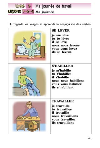 49
LEÇONS 1–2–3 Ma journée
Unité 3 Ma journée de travail
1.	Regarde les images et apprends la conjugaison des verbes.
SE LEVER
je me lève
tu te lèves
il se lève
nous nous levons
vous vous levez
ils se lèvent
S’HABILLER
je m’habille
tu t’habilles
il s’habille
nous nous habillons
vous vous habillez
ils s’habillent
TRAVAILLER
je travaille
tu travailles
il travaille
nous travaillons
vous travaillez
ils travaillent
 
