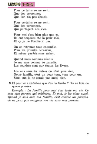 7
LEÇONS 1–2–3
Pour certains ce ne sont,
Que des personnes,
Que l’on n’a pas choisit.
Pour certains ce ne sont,
Que des personnes,
Qui partagent nos vies.
Pour moi c’est bien plus que ça,
Ils ont toujours été là pour moi,
Et ça je ne l’oublierai pas.
On se retrouve tous ensemble,
Pour les grandes occasions,
Et même parfois sans raison.
Quand nous sommes réunis,
Je me sens comme au paradis,
Les sourires sont sur toutes les lèvres.
Les uns sans les autres on n’est plus rien,
Notre famille, c’est un pour tous, tous pour un,
Sans eux je ne serais pas aussi bien.
9.	Et pour toi ? Qu’est-ce que c’est la famille ? Dis en trois ou
quatre phrases.
Exemple : La famille pour moi c’est toute ma vie. Ce
sont mes parents qui m’aiment. Et moi, je les aime aussi.
Quand je suis avec ma famille, c’est comme un paradis.
Je ne peux pas imaginer ma vie sans mes parents.
 