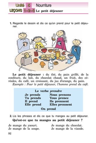 92
LEÇONS 1–2–3 Le petit déjeuner
Unité 5 Nourriture
1.	Regarde le dessin et dis ce qu’on prend pour le petit déjeu-
ner.
Le petit déjeuner : du thé, du pain grillé, de la
confiture, du lait, du chocolat chaud, un fruit, des cé-
réales, du café, un croissant, du jus d’orange, du pain.
Exemple : Pour le petit déjeuner, l’homme prend du café.
Le verbe prendre
Je prends
Tu prends
Il prend
Elle prend
Nous prenons
Vous prenez
Ils prennent
Elles prennent
On prend
2.	Lis les phrases et dis ce que tu manges au petit déjeuner.
Qu’est-ce que tu manges au petit déjeuner ?
Je mange du yaourt.
Je mange de la soupe.
Je mange du chocolat.
Je mange de la viande.
 