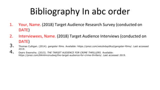 Bibliography In abc order
1. Your, Name. (2018) Target Audience Research Survey (conducted on
DATE)
2. Interviewees, Name. (2018) Target Audience Interviews (conducted on
DATE)
3. Thomas Culligan. (2014). gangster films. Available: https://prezi.com/wkzdvbqo9tul/gangster-films/. Last accessed
2019.
4. Osaro Ewansiha. (2015). THE TARGET AUDIENCE FOR CRIME THRILLERS. Available:
https://prezi.com/84mlnnznudwq/the-target-audience-for-crime-thrillers/. Last accessed 2019.
 