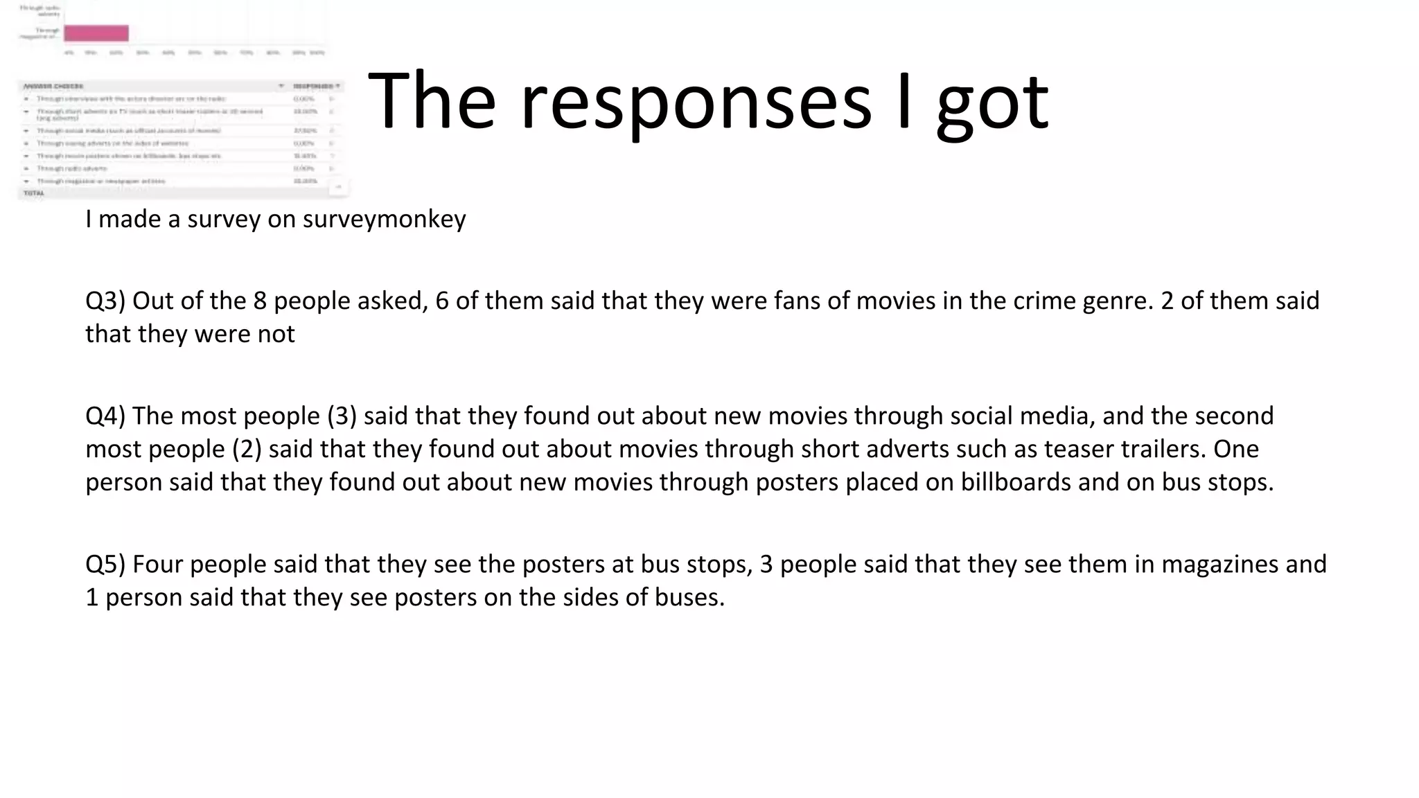 The responses I got
I made a survey on surveymonkey
Q3) Out of the 8 people asked, 6 of them said that they were fans of movies in the crime genre. 2 of them said
that they were not
Q4) The most people (3) said that they found out about new movies through social media, and the second
most people (2) said that they found out about movies through short adverts such as teaser trailers. One
person said that they found out about new movies through posters placed on billboards and on bus stops.
Q5) Four people said that they see the posters at bus stops, 3 people said that they see them in magazines and
1 person said that they see posters on the sides of buses.
 