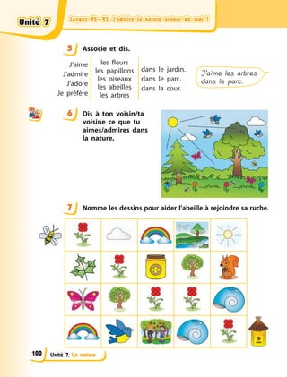 Leçons 92—93. J’admire la nature autour de moi !Leçons 92—93. J’admire la nature autour de moi !Leçons 92—93. J’admire la nature autour de moi !Leçons 92—93. J’admire la nature autour de moi !
Unité 7. La nature
5 Associe et dis.
J’aime
J’admire
J’adore
Je préfère
les fleurs
les papillons
les oiseaux
les abeilles
les arbres
dans le jardin.
dans le parc.
dans la cour.
J’aime les arbres
dans le parc.
6 Dis à  ton voisin/ta
voisine ce que tu
aimes/admires dans
la  nature.
7 Nomme les dessins pour aider l’abeille à rejoindre sa ruche.
5
6
7
Unité 7Unité 7Unité 7Unité 7
100
 