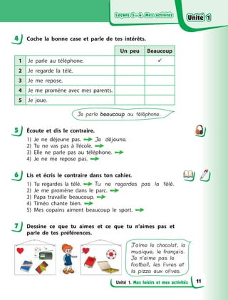 Leçons 5—6. Mes activitésLeçons 5—6. Mes activitésLeçons 5—6. Mes activitésLeçons 5—6. Mes activités
Unité 1. Mes loisirs et mes activités
4 Сoche la bonne case et parle de tes intérêts.
Un peu Beaucoup
1 Je parle au téléphone. 
2 Je regarde la télé.
3 Je me repose.
4 Je me promène avec mes parents.
5 Je joue.
Je parle beaucoupbeaucoup au téléphone.
5 Écoute et dіs le contraire.
1) Je ne déjeune pas.  Je déjeune.
2) Tu ne vas pas à  l’école.
3) Elle ne parle pas au téléphone.
4) Je ne me repose pas.
6 Lis et écris le contraire dans ton cahier.
1) Tu regardes la télé.  Tu ne regardes pas la télé.
2) Je me promène dans le parc. 
3) Papa travaille beaucoup. 
4) Timéo chante bien. 
5) Mes copains aiment beaucoup le sport. 
7 Dessine ce que tu aimes et ce que tu n’aimes pas et
parle de tes préférences.
J’aime le chocolat, la
musique, le français.
Je n’aime pas le
football, les livres et
la pizza aux olives.
4
5
6
7
Unité 1Unité 1Unité 1Unité 1
11
 