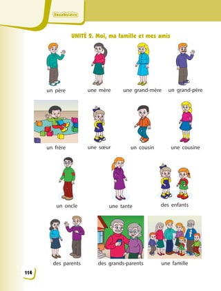 VocabulaireVocabulaireVocabulaireVocabulaire
UNITÉ 2. Moi, ma famille et mes amis
un père une mère une grand-mère un grand-рère
un frère une sœur un cousin une cousine
un oncle une tante des enfants
des parents des grands-parents une famille
114
 