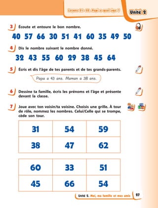 Leçons 21—22. Papi a quel âge ?Leçons 21—22. Papi a quel âge ?Leçons 21—22. Papi a quel âge ?Leçons 21—22. Papi a quel âge ?
Unité 2. Moi, ma famille et mes amis
3 Écoute et entoure le bon nombre.
40 57 66 30 51 41 60 35 49 50
4 Dis le nombre suivant le nombre donné.
32 43 55 60 29 38 45 64
5 Écris et dis l’âge de tes parents et de tes grands-parents.
Papa a 43 ans. Maman a 38 ans.
6 Dessine ta famille, écris les prénoms et l’âge et présente
devant la classe.
7 Joue avec ton voisin/ta voisine. Choisis une grille. À tour
de rôle, nommez les nombres. Celui/Celle qui se trompe,
cède son tour.
31 54 59
38 47 62
60 33 51
45 66 54
3
4
5
6
7
Unité 2Unité 2Unité 2Unité 2
27
 