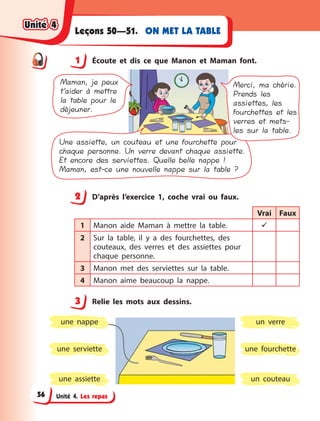 Unité 4. Les repas
ON MET LA TABLELeçons 50—51.
1 Écoute et dis ce que Manon et Maman font.
Une assiette, un couteau et une fourchette pour
chaque personne. Un verre devant chaque assiette.
Et encore des serviettes. Quelle belle nappe !
Maman, est-ce une nouvelle nappe sur la table ?
Merci, ma chérie.
Prends les
assiettes, les
fourchettes et les
verres et mets-
les sur la table.
Maman, je peux
t’aider à mettre
la table pour le
déjeuner.
2 D’après l’exercice 1, coche vrai ou faux.
Vrai Faux
1 Manon aide Maman à  mettre la table. 
2 Sur la table, il y  a des fourchettes, des
couteaux, des verres et des assiettes pour
chaque personne.
3 Manon met des serviettes sur la table.
4 Manon aime beaucoup la nappe.
3 Relie les mots aux dessins.
une assiette
une fourchetteune serviette
un  verre
un couteau
une nappe
1
2
3
Unité 4Unité 4Unité 4Unité 4
56
 