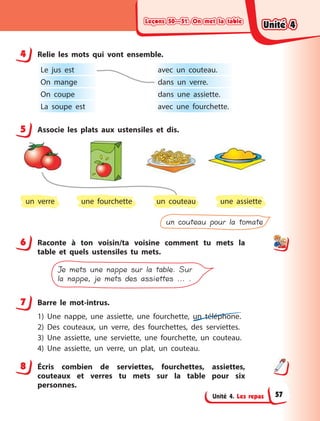 Leçons 50—51. On met la tableLeçons 50—51. On met la tableLeçons 50—51. On met la tableLeçons 50—51. On met la table
Unité 4. Les repas
4 Relie les mots qui vont ensemble.
Le jus est
On mange
On coupe
La soupe est
avec un couteau.
dans un verre.
dans une assiette.
avec une fourchette.
5 Associe les plats aux ustensiles et dis.
un verre un couteau une assiette
un couteau pour la tomate
une fourchette
6 Raconte à  ton voisin/ta voisine comment tu mets la
table et quels ustensiles tu mets.
Je mets une nappe sur la table. Sur
la nappe, je mets des assiettes ... .
7 Barre le mot-intrus.
1) Une nappe, une assiette, une fourchette, un téléphone.
2) Des couteaux, un verre, des fourchettes, des serviettes.
3) Une assiette, une serviette, une fourchette, un couteau.
4) Une assiette, un verre, un plat, un couteau.
8 Écris combien de serviettes, fourchettes, assiettes,
couteaux et verres tu mets sur la table pour six
personnes.
4
5
6
7
8
Unité 4Unité 4Unité 4Unité 4
57
 