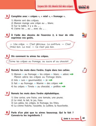 Leçons 54—55. Mamie fait des crêpesLeçons 54—55. Mamie fait des crêpesLeçons 54—55. Mamie fait des crêpesLeçons 54—55. Mamie fait des crêpes
Unité 4. Les repas
3 Complète avec «  crêpes  », «  miel  », «  fromage  ».
1) Mamie sert des crêpes.
2) Manon mange une crêpe au ... blanc.
3) Sur la table, il y  a du ... .
4) J’aime les ... au ... avec du ... .
4 À  l’aide des dessins de l’exercice 2, à  tour de rôle
exprimez vos goûts.
— Une crêpe. — C’est délicieux. La confiture. — C’est
(très) bon. Le miel. — Ce n’est pas bon.
5 Dis comment tu aimes les crêpes.
J’aime les crêpes au fromage, au sucre et au chocolat.
6 Remets les mots dans l’ordre. Copie dans ton cahier.
1) Manon + au fromage + les crêpes + blanc. + adore 
Manon adore les crêpes au fromage blanc.
2) très + suis + gourmand(e). + Je 
3) fait + au fromage. + Mamie + des crêpes 
4) les crêpes + Timéo + au chocolat. + préfère 
7 Remets les mots dans l’ordre alphabétique.
1) Une cerise, une fraise, une tomate, une prune.
2) Le miel, le lait, le jus, l’eau.
3) Les pâtes, les crêpes, le fromage, les frites.
4) La crème fraîche, l’assiette, la cuillère, la fourchette.
8 Parle d’un plat que tu aimes beaucoup. Qui le fait ?
Connais-tu les ingrédients ?
3
4
5
6
7
8
Unité 4Unité 4Unité 4Unité 4
61
 