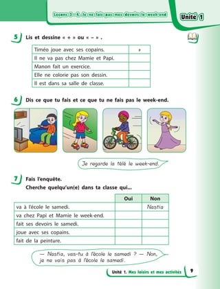 Leçons 3—4. Je ne fais pas mes devoirs le week-endLeçons 3—4. Je ne fais pas mes devoirs le week-endLeçons 3—4. Je ne fais pas mes devoirs le week-endLeçons 3—4. Je ne fais pas mes devoirs le week-end
Unité 1. Mes loisirs et mes activités
5 Lis et dessine «  +  » ou « –  »  .
Timéo joue avec ses copains. +
Il ne va pas chez Mamie et Papi.
Manon fait un exercice.
Elle ne colorie pas son dessin.
Il est dans sa salle de classe.
6 Dis ce que tu fais et ce que tu ne fais pas le week-end.
Je regarde la télé le week-end.
7 Fais l’enquête.
Cherche quelqu’un(e) dans ta classe qui...
Oui Non
va à  l’école le samedi. Nastia
va chez Papi et Mamie le week-end.
fait ses devoirs le samedi.
joue avec ses copains.
fait de la peinture.
— Nastia, vas-tu à l’école le samedi ? — Non,
je ne vais pas à l’école le samedi.
5
6
7
Unité 1Unité 1Unité 1Unité 1
9
 