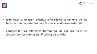  Identificar la relación afectiva niño-adulto como uno de los
factores más importantes para favorecer el desarrollo del niño.
 Comprender las diferentes formas en las que los niños se
vinculan con los adultos significativos de su vida.
 