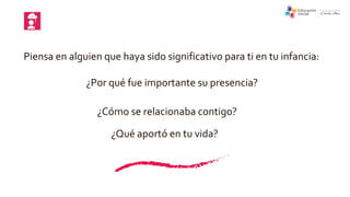 Piensa en alguien que haya sido significativo para ti en tu infancia:
¿Por qué fue importante su presencia?
¿Cómo se relacionaba contigo?
¿Qué aportó en tu vida?
 