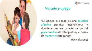 “El vínculo o apego es una relación
afectiva positiva, incondicional y
duradera que se caracteriza por el
placer mutuo de estar juntos y el deseo
de mantener este cariño”.
(Unicef ,2004)
Vínculo y apego
 
