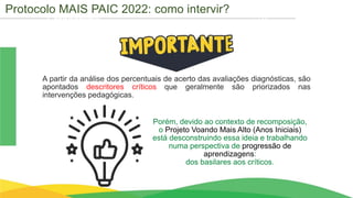 Cronograma
A partir da análise dos percentuais de acerto das avaliações diagnósticas, são
apontados descritores críticos que geralmente são priorizados nas
intervenções pedagógicas.
Porém, devido ao contexto de recomposição,
o Projeto Voando Mais Alto (Anos Iniciais)
está desconstruindo essa ideia e trabalhando
numa perspectiva de progressão de
aprendizagens:
dos basilares aos críticos.
Protocolo MAIS PAIC 2022: como intervir?
 