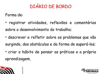 Forma de:
• registrar atividades, reflexões e comentários
sobre o desenvolvimento do trabalho;
• descrever e refletir sobre os problemas que vão
surgindo, dos obstáculos e da forma de superá-los;
• criar o hábito de pensar as práticas e a própria
aprendizagem.
DIÁRIO DE BORDO
 