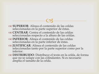 
 SUPERIOR: Alinea el contenido de las celdas
seleccionadas en la parte superior de éstas.
 CENTRAR: Centra el contenido de las celdas
seleccionadas respecto a la altura de las celdas.
 INFERIOR: Alinea el contenido de las celdas
seleccionadas en la parte inferior de éstas.
 JUSTIFICAR: Alinea el contenido de las celdas
seleccionadas tanto por la parte superior como por la
inferior.
 DISTRIBUIDO: Distribuye el texto en la celda, de forma
que no se solape con las colindantes. Si es necesario
amplía el tamaño de la celda.
 